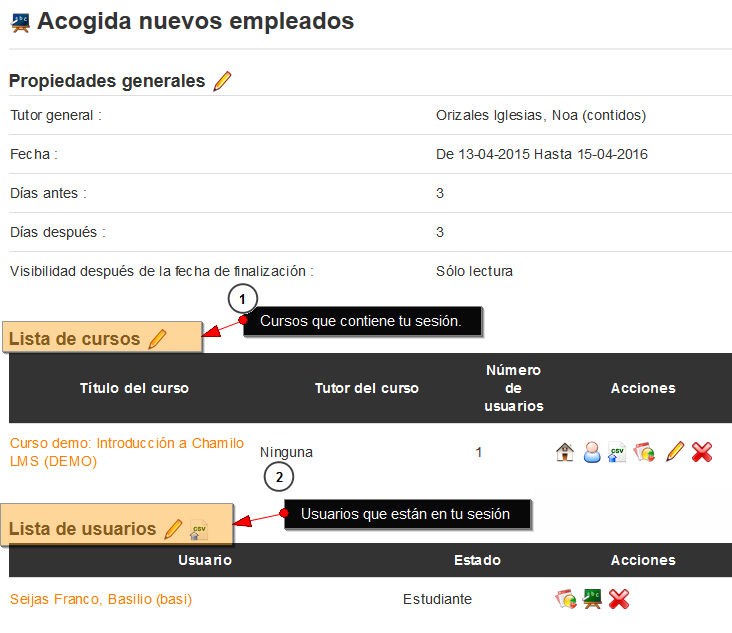 Propiedades de una sesión en Chamilo